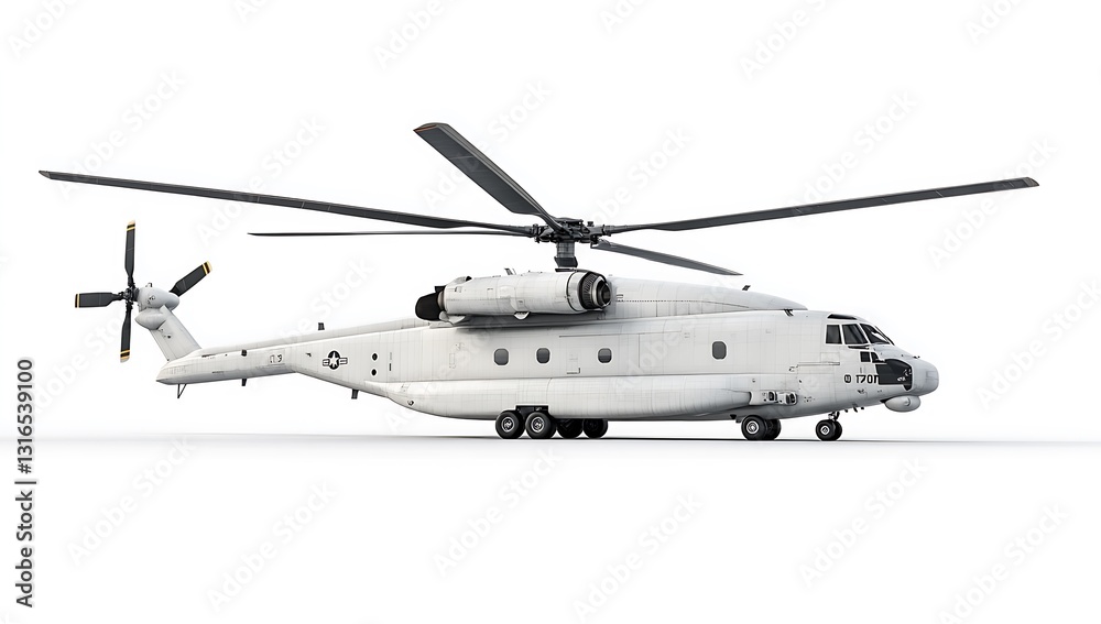 Military Heavy Lift Helicopter 3D Model Side View, White, Detailed Military Heavy Lift Helicopter 3D Model Side View, White, Detailed