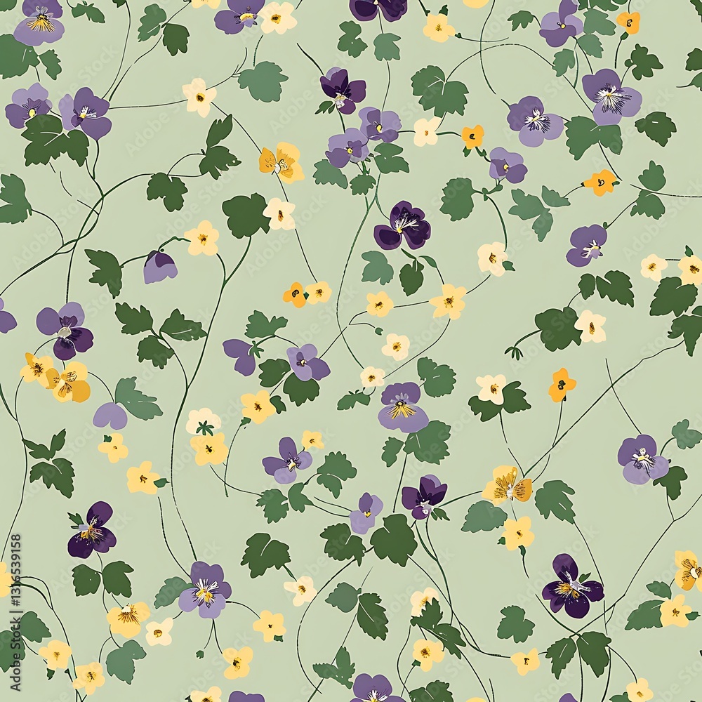 Simple graphic pattern of violets and buttercups against a pastel sage green background, small flowers covering the whole picture. Simple graphic pattern of violets and buttercups against a pastel sage green background, small flowers covering the whole picture.