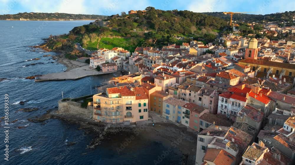 drone shot of Saint Tropez in French Riviera, travel in Cote d Azur, Saint Tropez is a luxury resort in France drone shot of Saint Tropez in French Riviera, travel in Cote d Azur, Saint Tropez is a luxury resort in France