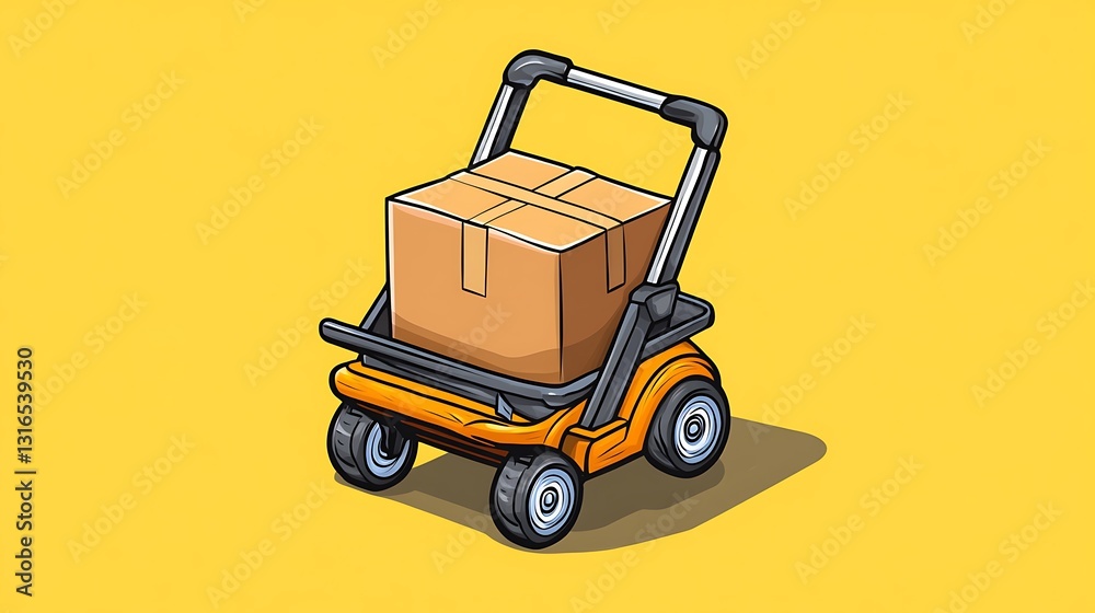 Naklejka premium Cartoon Illustration: Small Delivery Cart with Package on Yellow Background AI Generated