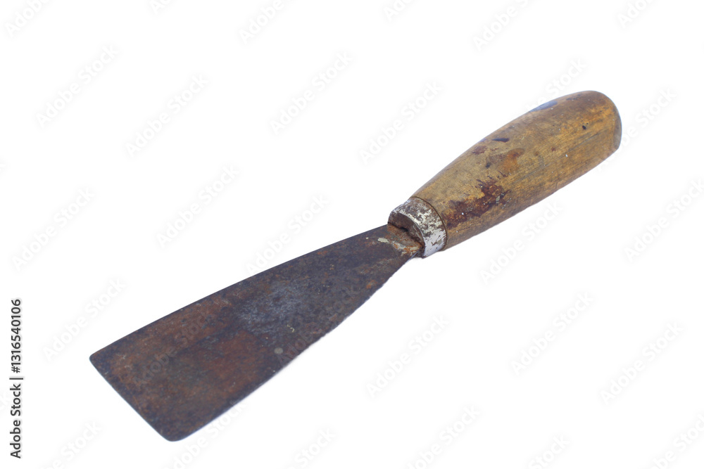 Rusty Putty Knife with Wooden Handle on White Rusty Putty Knife with Wooden Handle on White