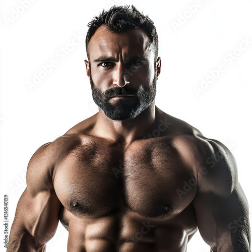 Hunky Muscular Man Fitness Beard Hairy Chest on white background photo