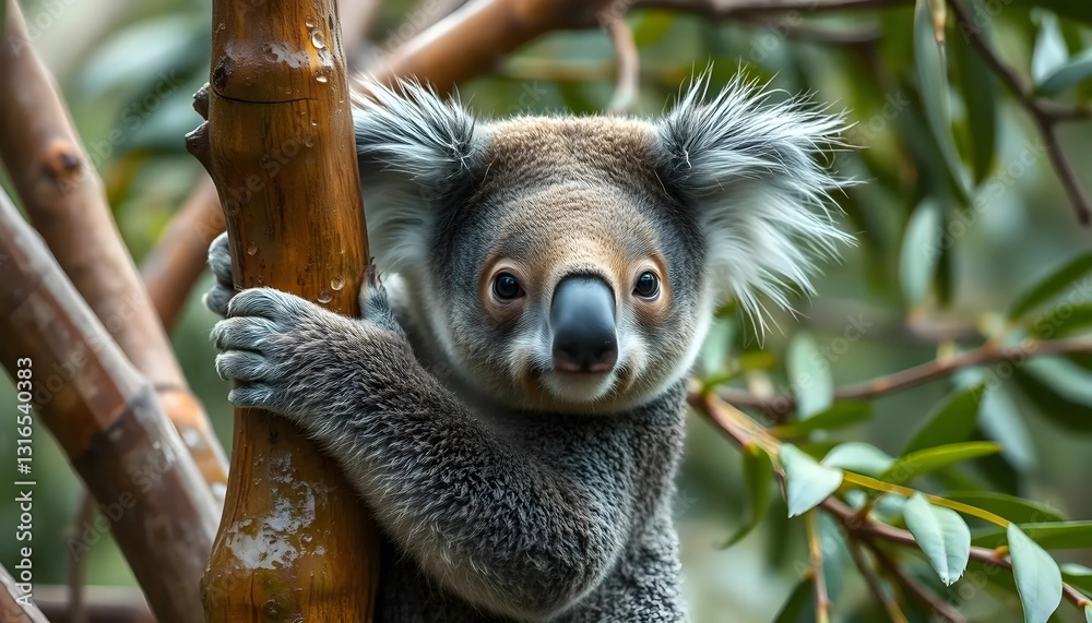 Fototapeta premium A captivating close-up of a koala resting comfortably on a tree trunk.
