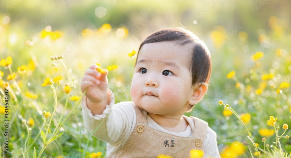 Asian baby in flower field exploring nature with curiosity and wonder Asian baby in flower field exploring nature with curiosity and wonder