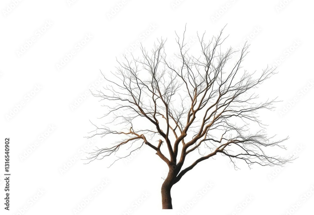 Lone deciduous tree, stark branches against pure white, autumn, summer