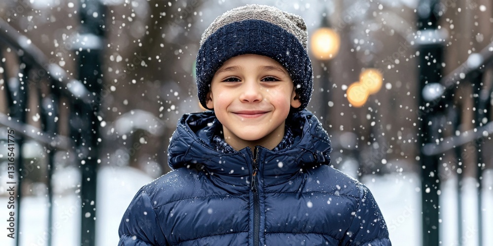 A young boy modeling rugged winter wear, including a puffer jacket and woolen beanie, in a snowy park A young boy modeling rugged winter wear, including a puffer jacket and woolen beanie, in a snowy park