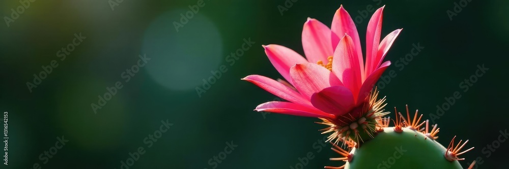 Fototapeta premium Prickly pink petals unfurl on a flowering cactus stem, succulent flower, exotic bloom, monstera deliciosa alternative