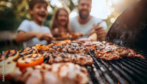 Family Grilling Outdoors On A Sunny Day