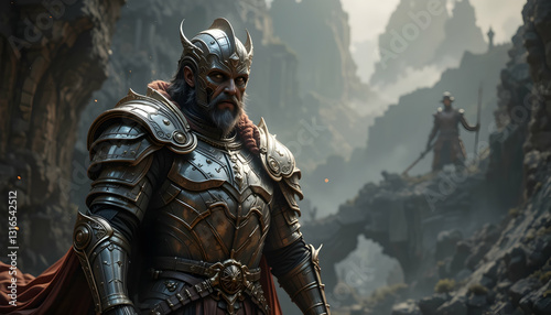 Armored Warrior Standing in Ruins with Guard on Distant Outcrop