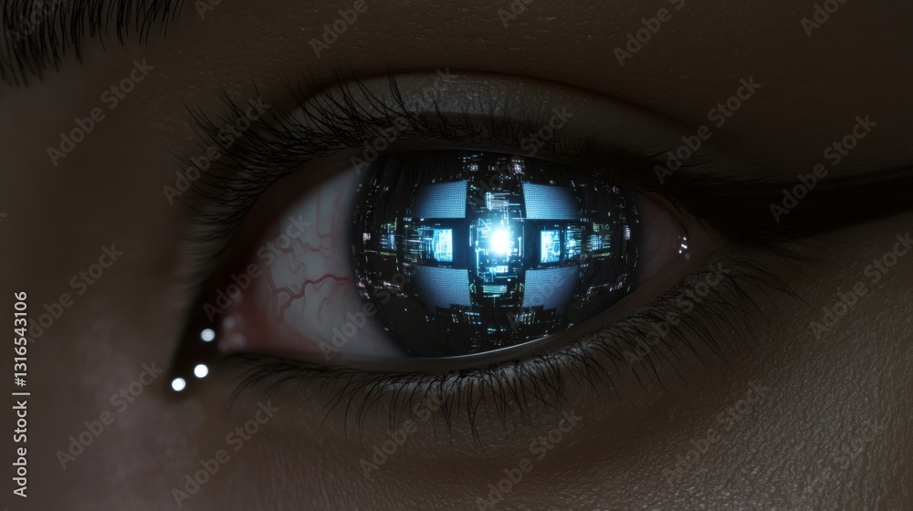 Naklejka premium Future vision: a close-up on cybernetic eye reflects technological world