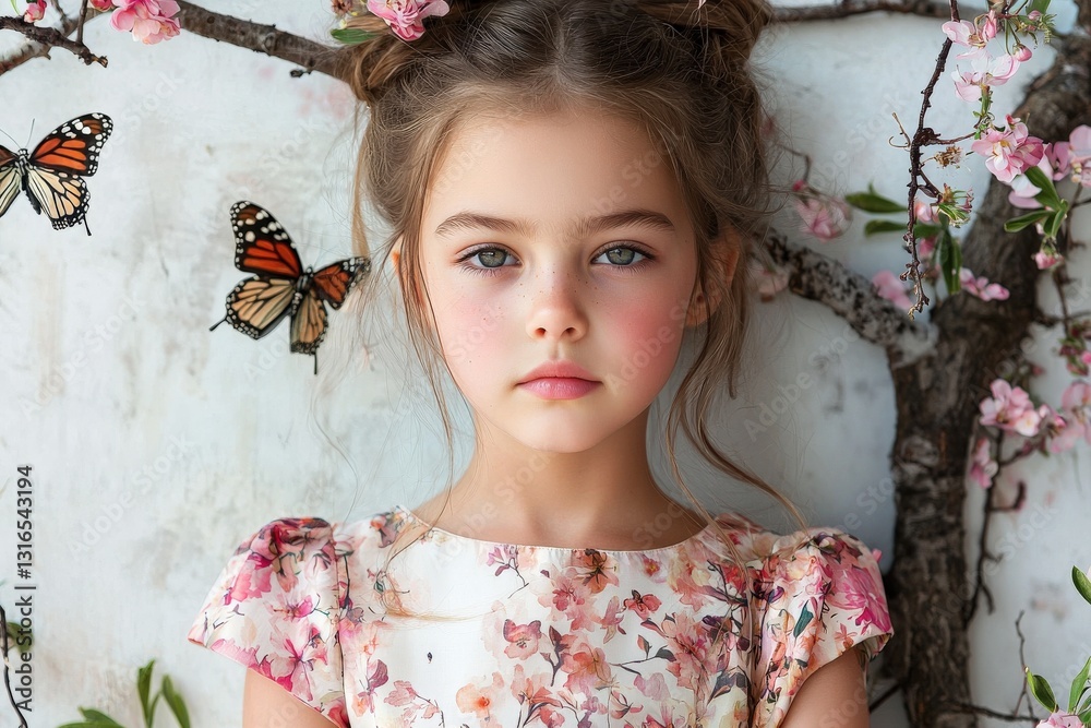 Fototapeta premium A young girl modeling floral spring dresses, posing in a garden with butterflies and blossoms