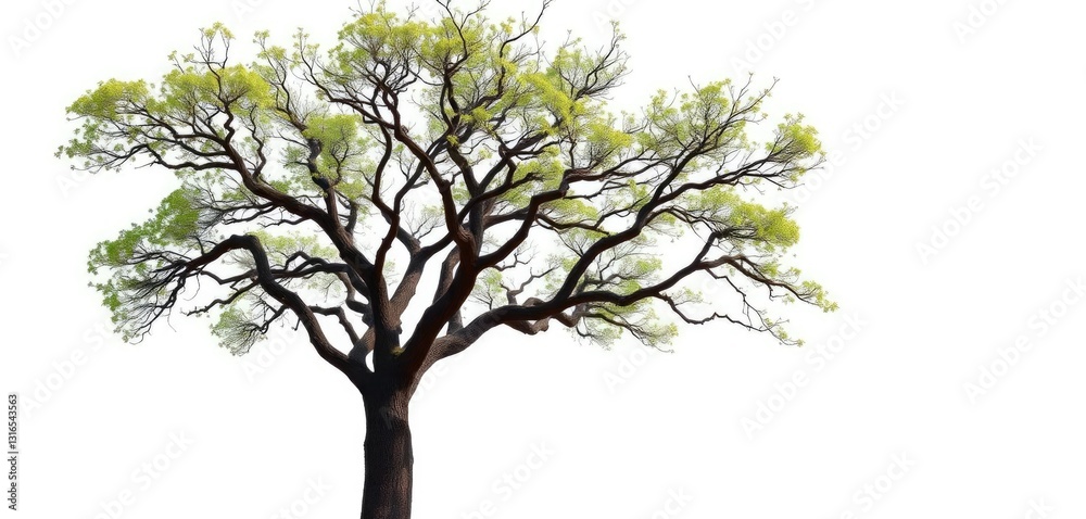 Fototapeta premium Single, majestic tree, stark white background, branches reaching upward, artwork, peaceful