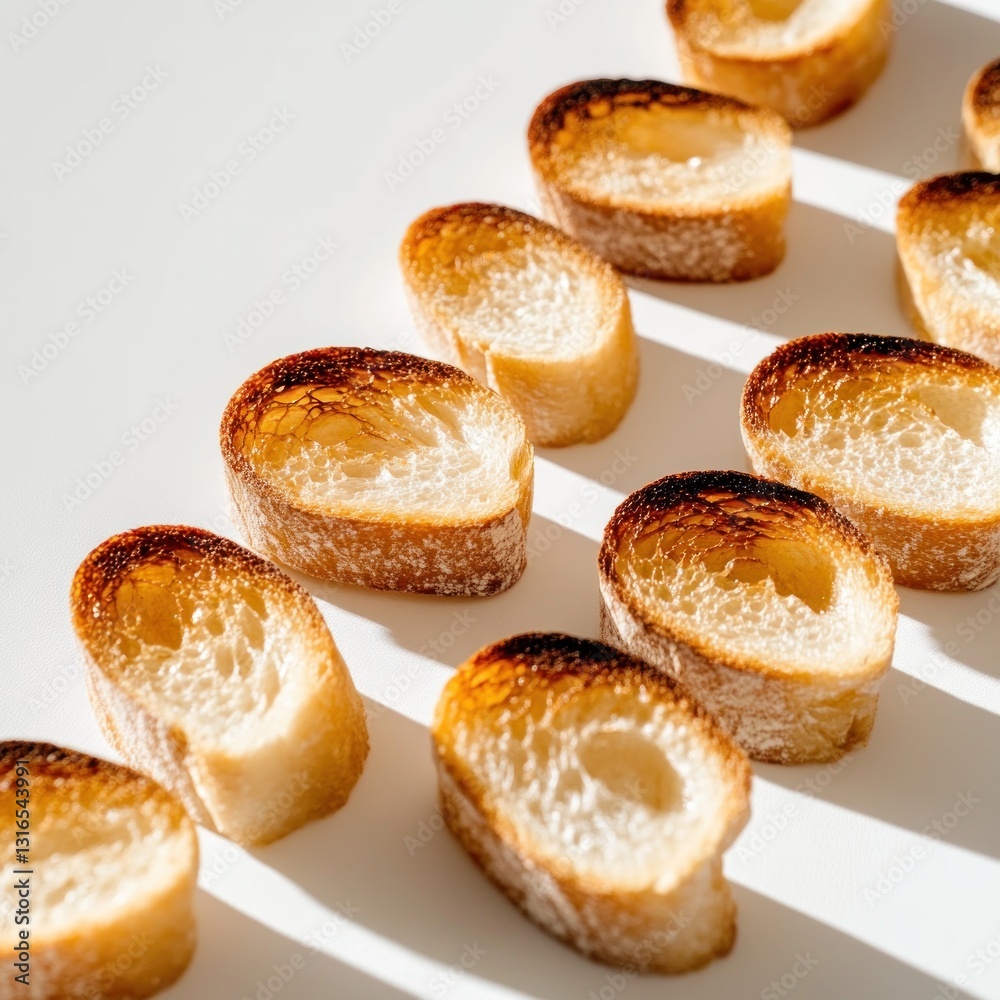 Toasted baguette slices arranged in a row Toasted baguette slices arranged in a row