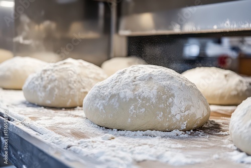 Freshly prepared dough resting on a floured surface in a bakery, with steam rising in the background