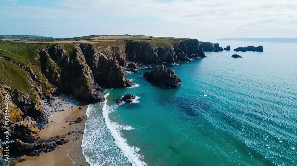 Obraz premium Aerial beach scene showing a rocky coastline, with turquoise waves crashing against jagged cliffs