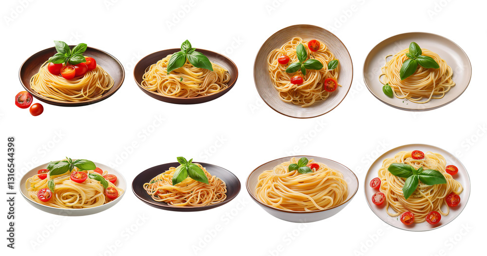 Various Plates of Spaghetti with Cherry Tomatoes and Fresh Basil, PNG bundle collection, Isolated on Transparent Background Various Plates of Spaghetti with Cherry Tomatoes and Fresh Basil, PNG bundle collection, Isolated on Transparent Background