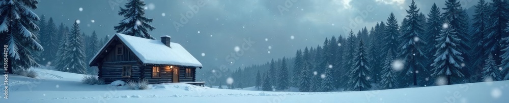 Naklejka premium Snowflakes gently fall onto the branches of a solitary pine tree in this serene winter landscape, snowy woods, secluded cabin, winter refuge