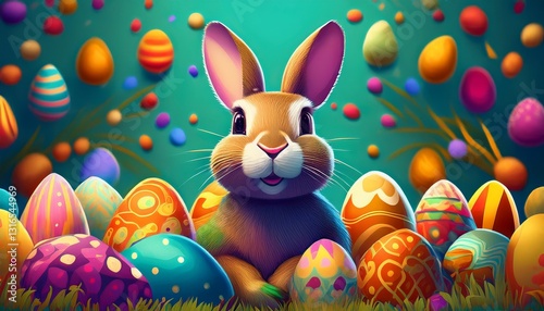 Happy Easter Bunny with many colorful easter eggs around