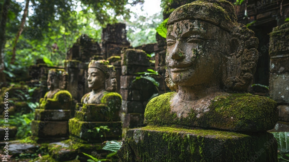 Weathered stone figures with intricate carvings stand among vibrant greenery in a historical temple ruins, highlighting the passage of time and nature's embrace. Weathered stone figures with intricate carvings stand among vibrant greenery in a historical temple ruins, highlighting the passage of time and nature's embrace.