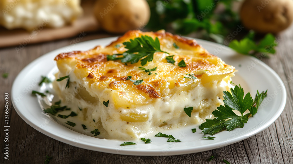 Potato gratin with cheese and cream, garnished with fresh parsley Potato gratin with cheese and cream, garnished with fresh parsley