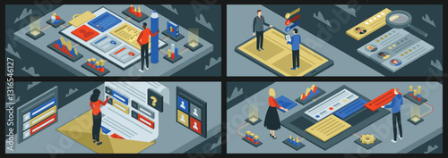 Candidate recruitment interview, application and resume review. Vector design, isometric set of web banners, infographics, hero images