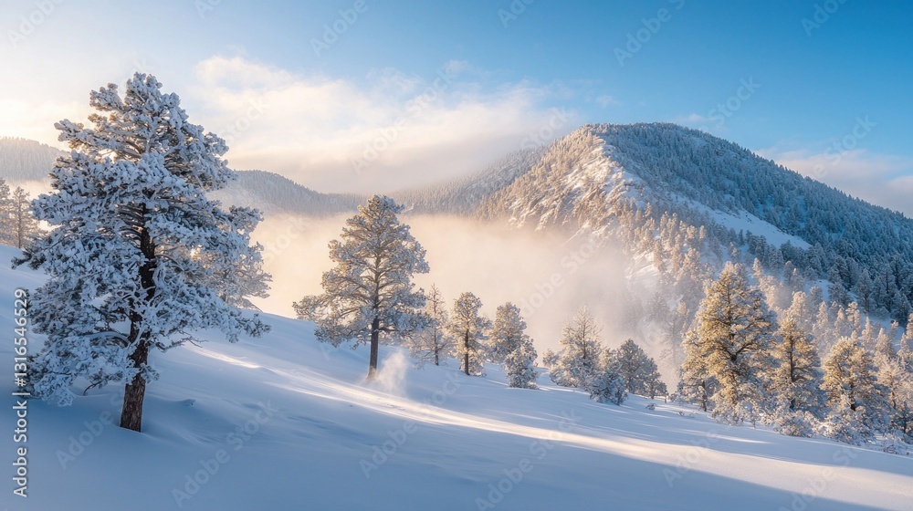 Snowy mountain landscape at sunrise, with snow-covered pine trees and fog. Snowy mountain landscape at sunrise, with snow-covered pine trees and fog.