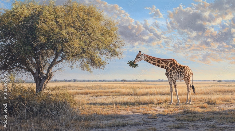 Obraz premium Giraffe feeding on acacia tree in African savanna at sunrise.