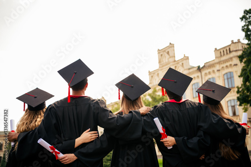 Rear photo of group students groupmates hold diploma cuddle mortarboard graduate university building outdoors