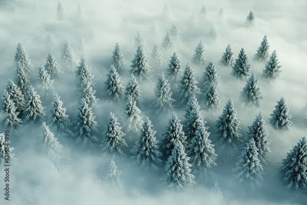 Fototapeta premium A mystical winter forest scene with frozen pines disappearing into the mist.