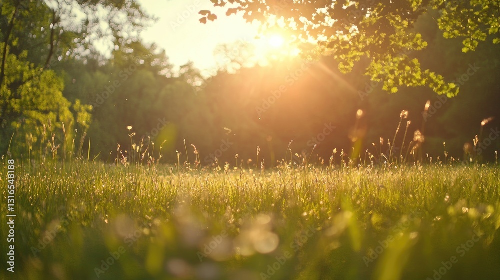 Obraz premium Golden hour illuminates a serene meadow landscape with lush vegetation
