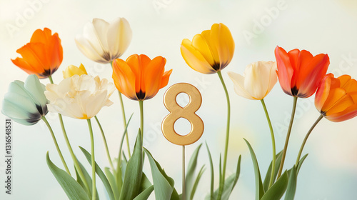 Wallpaper Mural The number 8 is placed at the center of a vibrant arrangement of blooming, colorful tulips, set against a light background. Сelebration of the beauty and growth of both nature and gender equality.  Torontodigital.ca