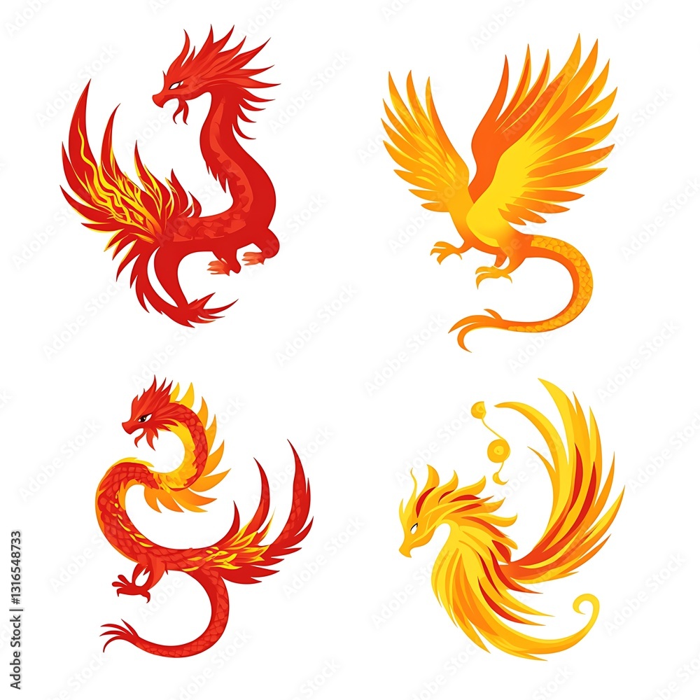 Fototapeta premium Fiery Dragons and Phoenixes Set of Four Mythical Creatures, Red and Orange
