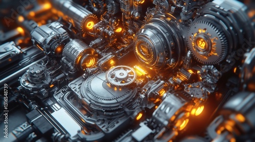 Complex Metallic Machine Interior with Gears and Glowing Lights Concept