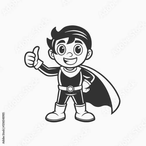 Black silhouette Cute cartoon superhero kid making a thumbs up sign. Superhero with Thumb Up Pose Cartoon. Icon Illustration
