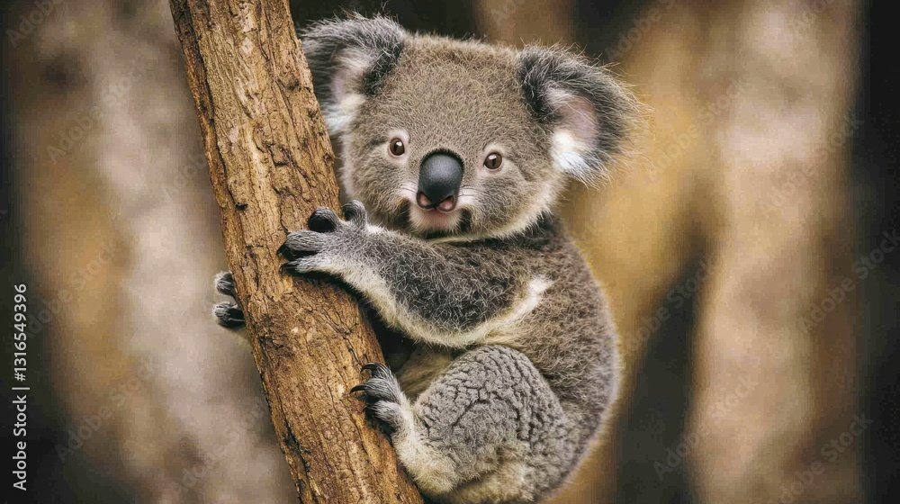 Naklejka premium Adorable koala joey clinging to a tree trunk in its natural habitat.