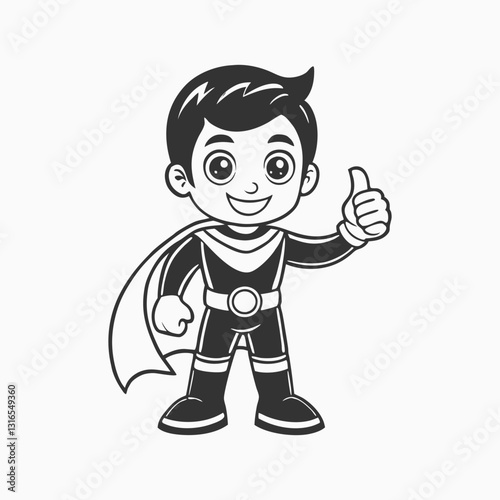 Black silhouette Cute boy wearing superhero showing thumbs up. vector cartoon illustration isolated on white background
