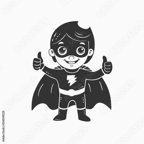 Cute boy wearing superhero showing thumbs up. vector cartoon illustration isolated on white background