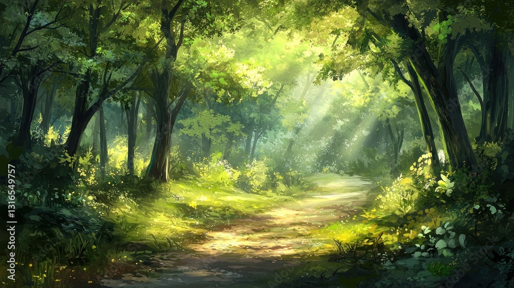 Obraz premium Sunlit path through lush green forest. (6)