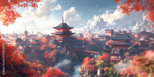 Cityscape of Kyoto during the feudal period with vibrant autumn foliage and traditional architecture