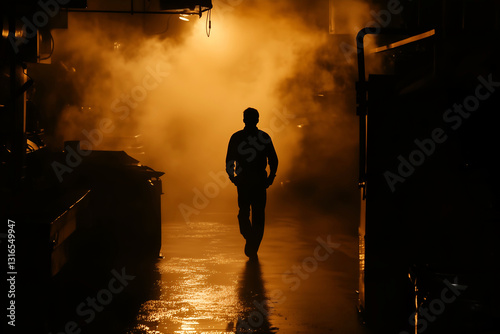 Silhouette of Man Walking Through Misty Industrial Alley with Golden Glow, Cinematic Scene