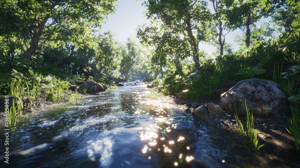 Sunlit stream flowing through lush green forest. (2) Sunlit stream flowing through lush green forest. (2)