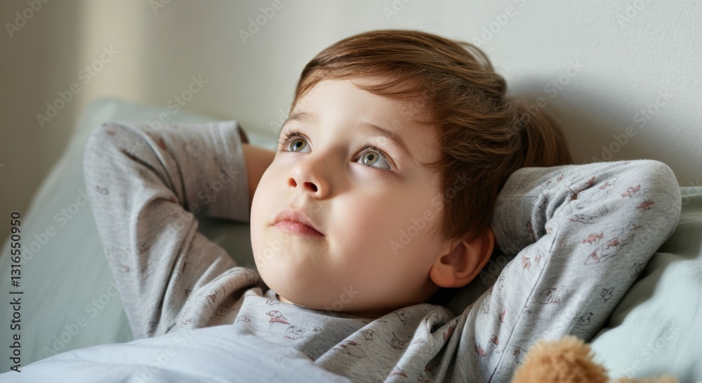 Thoughtful caucasian child lying in bed with plush toy in cozy bedroom Thoughtful caucasian child lying in bed with plush toy in cozy bedroom