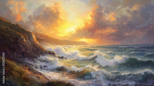 Dramatic ocean sunset with crashing waves on rocky coast.