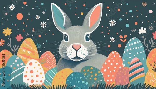 Happy Easter Bunny with many colorful easter eggs around