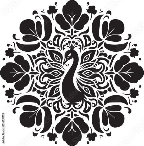 Stylized symmetrical peacock mandala with floral patterns in black and white, an intricate and decorative bird illustration ideal for tattoos, prints, and home decor