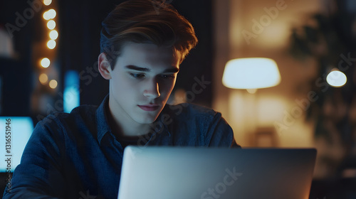 Illustration of a young man with a casual style sitting in a modern workspace, looking at a stock chart on a laptop