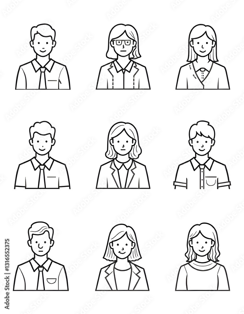 Nine simple line art icons of diverse professional business people, suitable for use in websites, apps, presentations, or other digital media. Nine simple line art icons of diverse professional business people, suitable for use in websites, apps, presentations, or other digital media.
