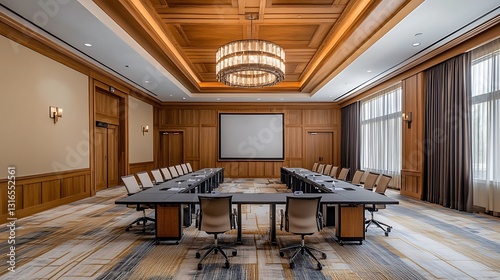 Elegant Conference Room Interior: U-Shaped Table Setup in a Wood-Paneled Venue AI Generated