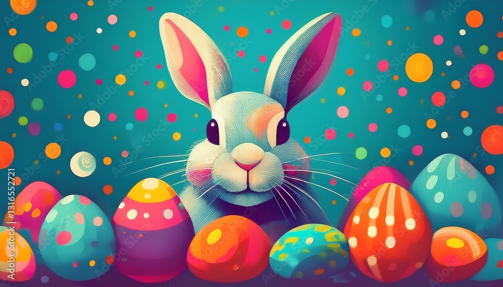 Happy Easter Bunny with many colorful easter eggs around Happy Easter Bunny with many colorful easter eggs around