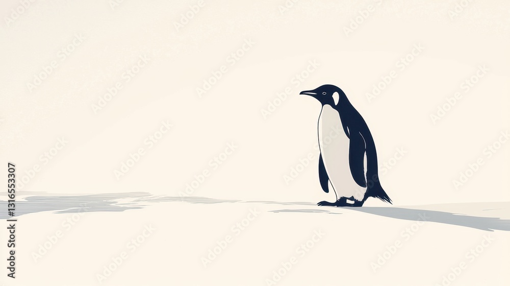 Obraz premium A lone penguin makes its way across a vast, white expanse under soft lighting. The environment creates a serene atmosphere, highlighting the penguin's journey.